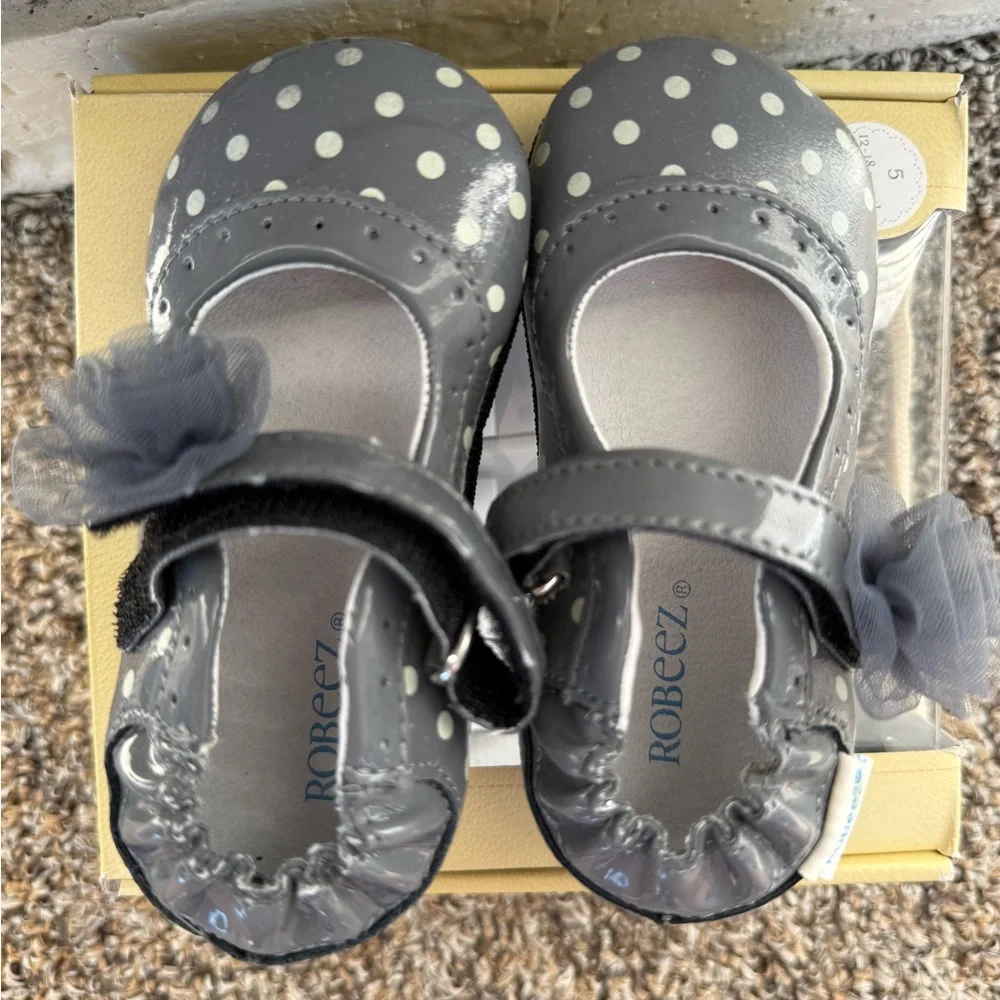 Robeez Mary Jane shoes 12-18m Baby New In Box Polka Dots Tule Flower
